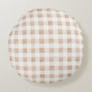 Tan Blush Cream Plaid Stripes Round Pillow