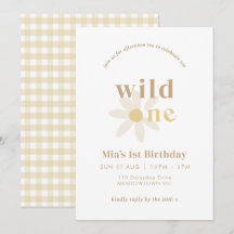 Tan Boho Daisy Floral First Birthday Invitation