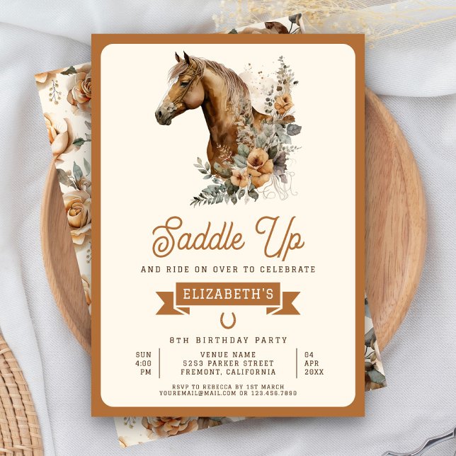 Tan Boho Floral Horse Cowgirl Birthday Party Invitation (Creator Uploaded)
