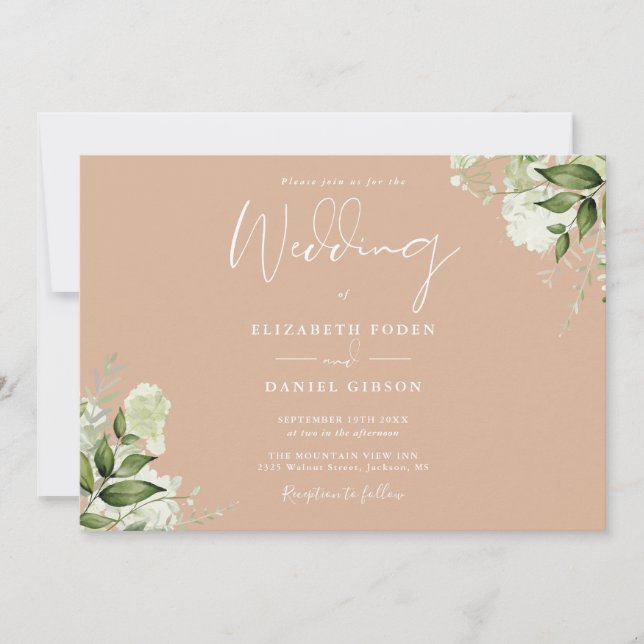 Tan Botanical Greenery Photo Wedding Invitation (Front)