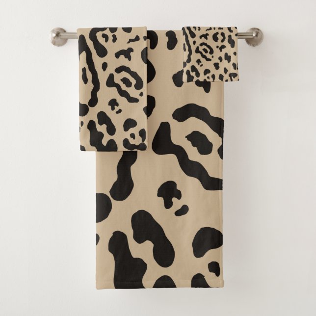 Tan Brown & Black Cheetah Leopard Animal Print  Bath Towel Set (Insitu)
