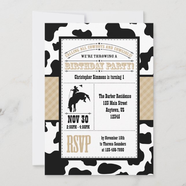Tan Brown Cowhide Cowboy Birthday Invitation (Front)