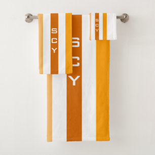 Tan Brown Orange Vertical Stripes Monogram Bath Towel Set