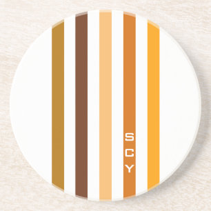 Tan Brown Orange Vertical Stripes Monogram Coaster