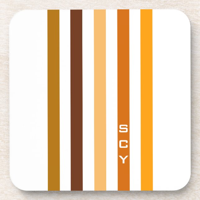 Tan Brown Orange Vertical Stripes Monogram Coaster (Front)