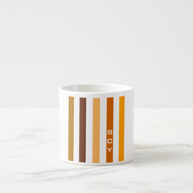 Tan Brown Orange Vertical Stripes Monogram Espresso Cup (Front)