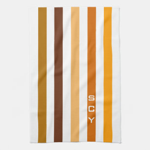 Tan Brown Orange Vertical Stripes Monogram Kitchen Towel
