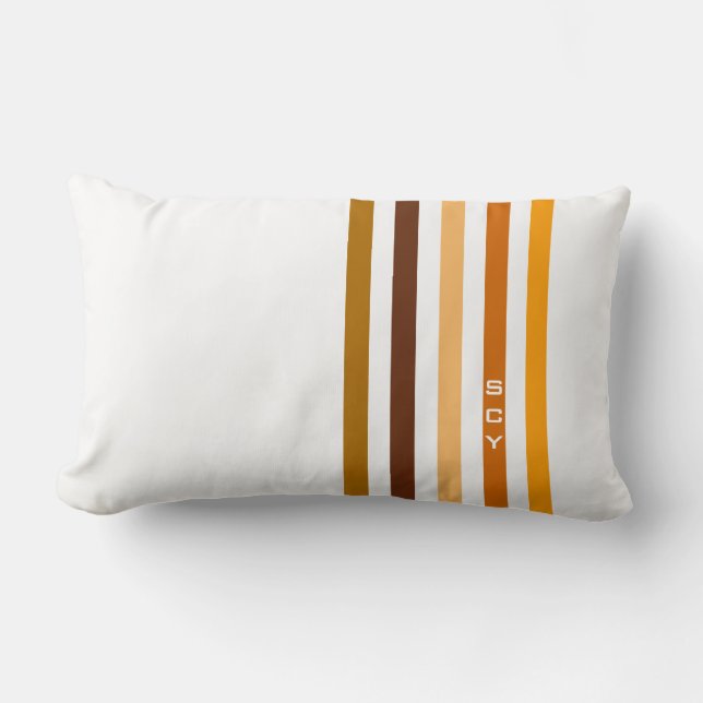 Tan Brown Orange Vertical Stripes Monogram Lumbar Pillow (Front)