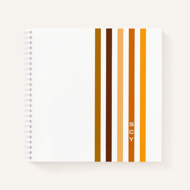 Tan Brown Orange Vertical Stripes Monogram Notebook (Front)