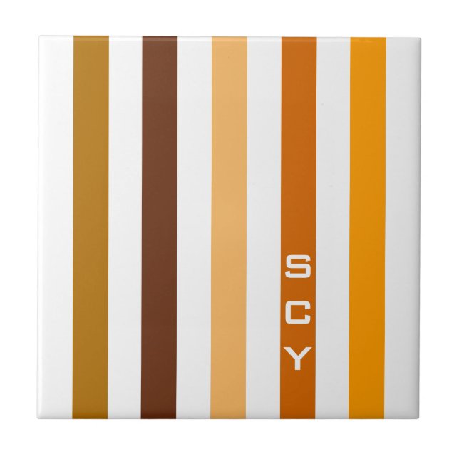 Tan Brown Orange Vertical Stripes Monogram Tile (Front)