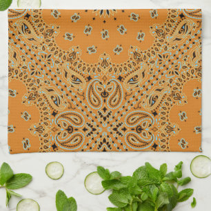 Tan Brown Paisley Western Bandana Scarf Print Kitchen Towel