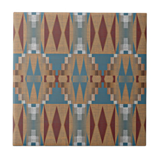 Tan Brown Teal Blue Dark Red Ethnic Tribe Art Tile