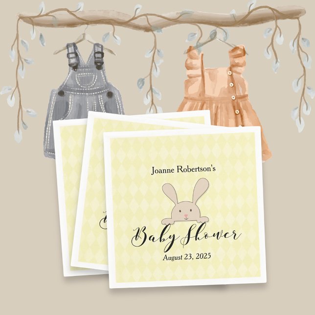 Tan Bunny Baby Shower Modern | Yellow Argyle Napkin (Creator Uploaded)