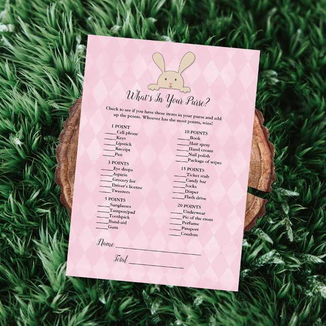 Tan Bunny Rabbit Pink What's In Your Purse Game Invitation (Creator Uploaded)