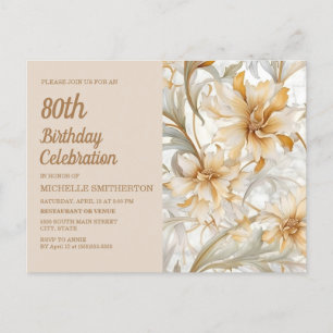 Tan Champagne Floral Women's 80th Birthday Invitation Postcard