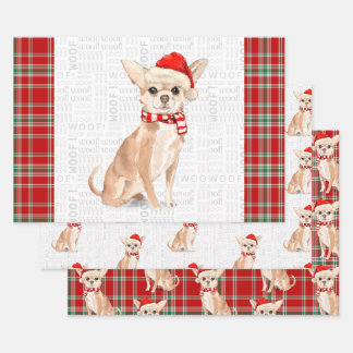 Tan Chihuahua Christmas Dog and Plaid Wrapping Paper Sheet