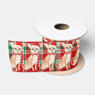 Tan Chihuahua Dog and Red Holiday Plaid Christmas Satin Ribbon