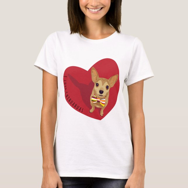 Tan Chihuahua with a bow tie in a red heart T-Shirt (Front)