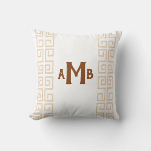 Tan Chinoiserie Wide Greek Key Stripe Monogram Throw Pillow