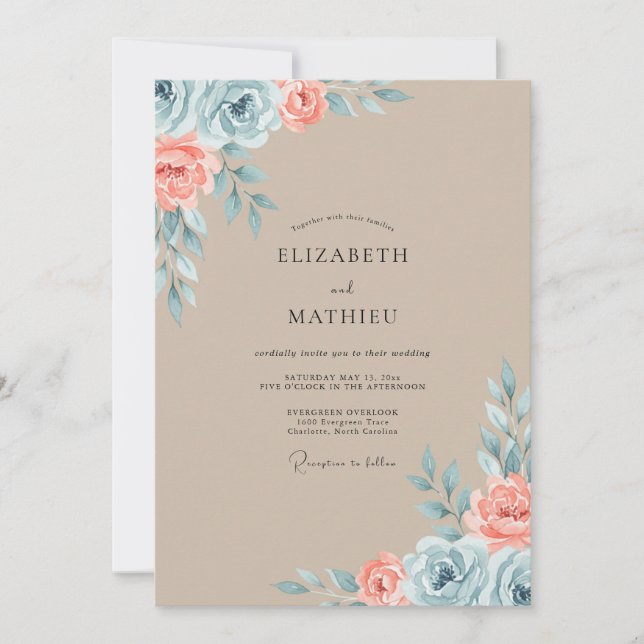 Tan Coral Painted Wedding Invitation (Front)