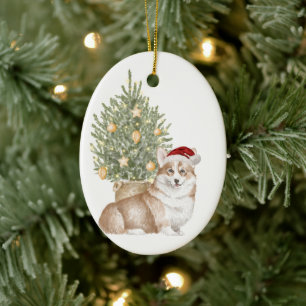 Tan Corgi Holiday Watercolor Pet Dog Christmas Ceramic Ornament