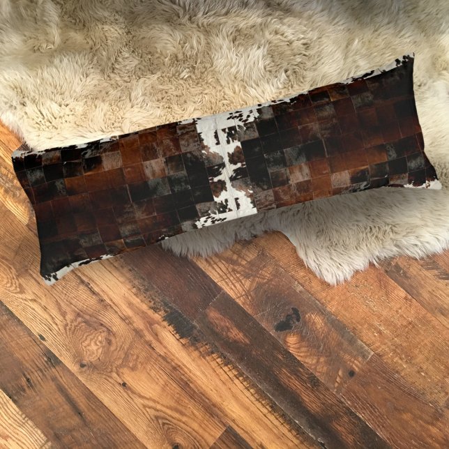 Tan Cowhide Patchwork Print Body Pillow (Patchwork Cowhide for a Rustic Western style)