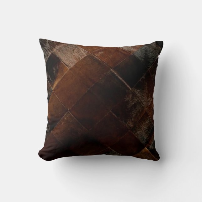 Tan Cowhide Patchwork Print Cushion (Front)