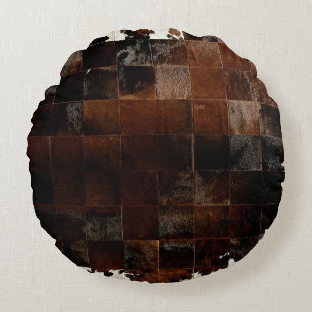 Tan Cowhide Patchwork Print Round Pillow (Front)