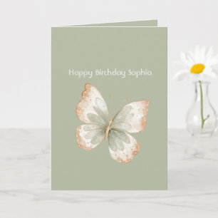 Tan Cream Green Butterfly Birthday Card