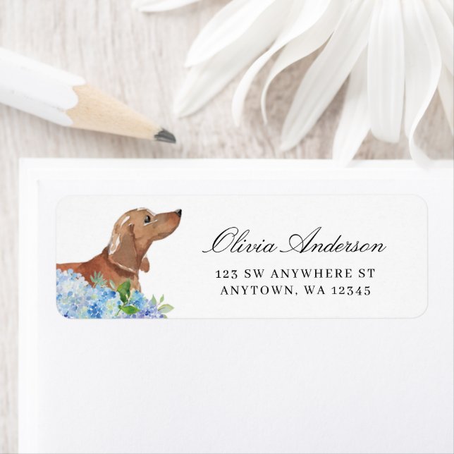 Tan Dachshund Blue Hydrangea Adresse de retour (En situation)