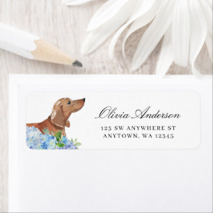 Tan Dachshund Blue Hydrangea Return Address
