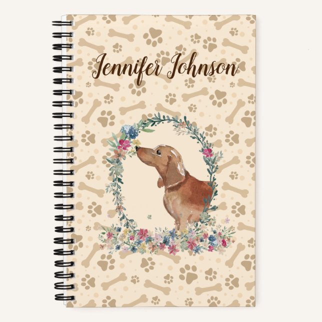 Tan Dachshund Dog Paw Print & Floral Cute Notebook (Front)