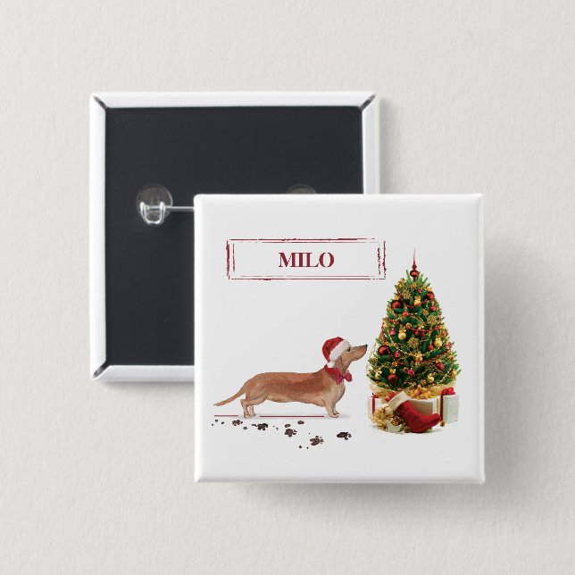 Tan Dachshund Funny Christmas Dog with Tree 2 Inch Square Button (Front & Back)
