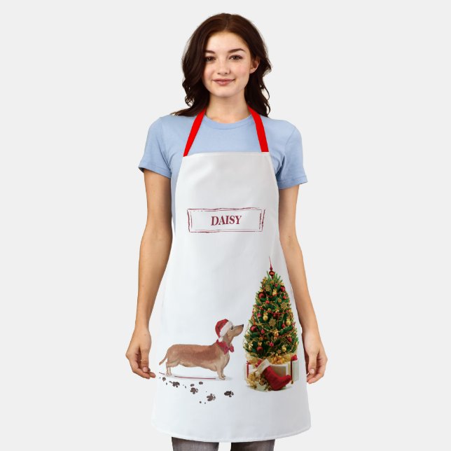 Tan Dachshund Funny Christmas Dog with Tree Apron (Worn)