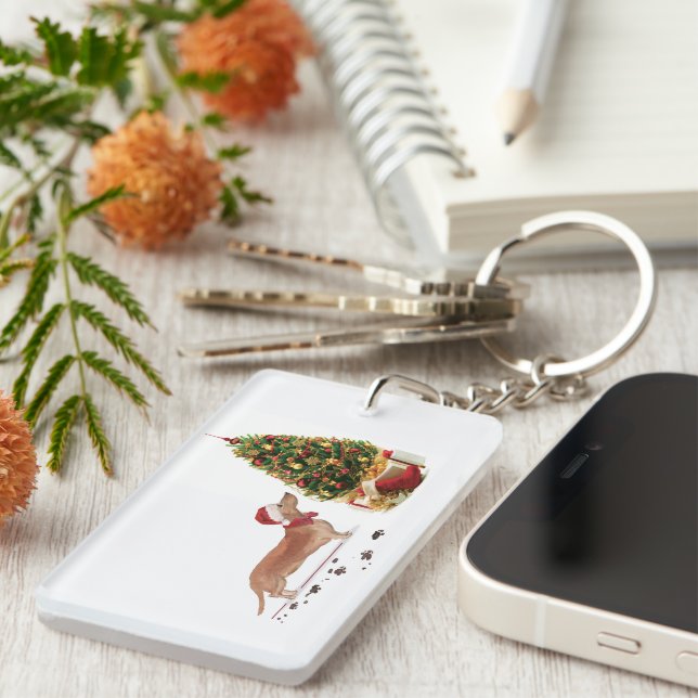 Tan Dachshund Funny Christmas Dog with Tree Keychain (Front Right)