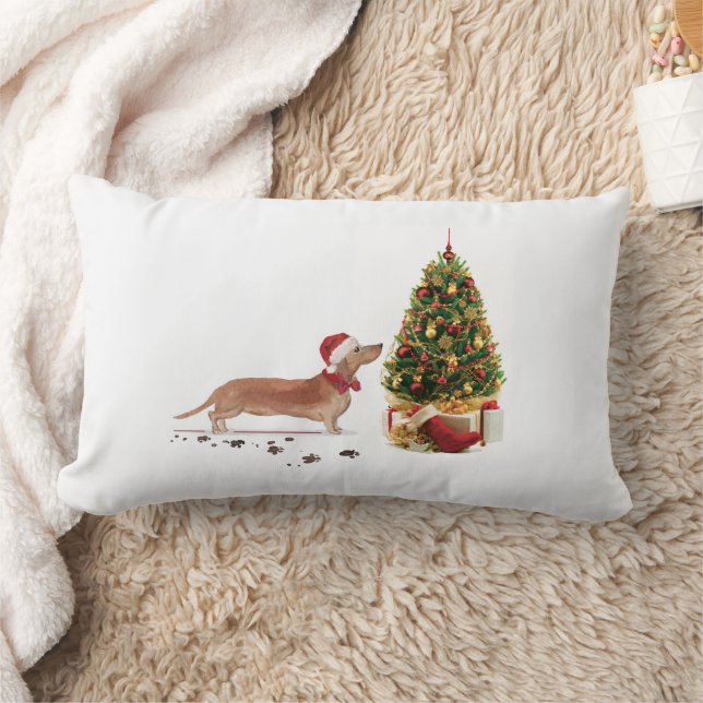 Tan Dachshund Funny Christmas Dog with Tree Lumbar Pillow (Blanket)