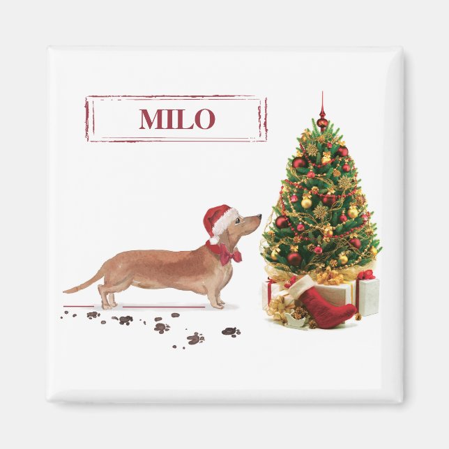 Tan Dachshund Funny Christmas Dog with Tree Magnet (Front)