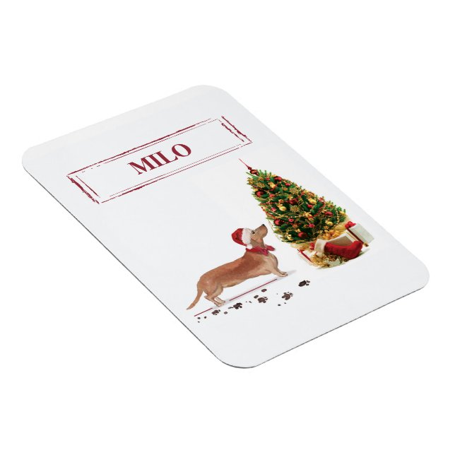 Tan Dachshund Funny Christmas Dog with Tree Magnet (Right Side)
