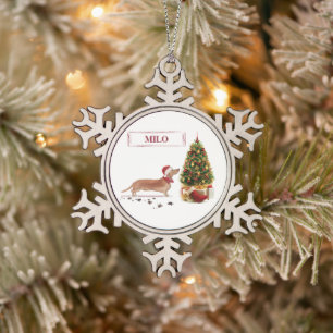 Tan Dachshund Funny Christmas Dog with Tree Snowflake Pewter Christmas Ornament