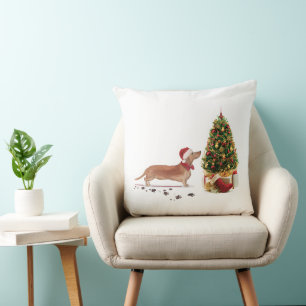 Tan Dachshund Funny Christmas Dog with Tree Throw Pillow