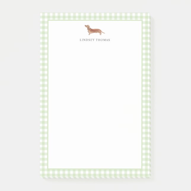 Tan Dachshund Green Gingham Border Personalized Post-it Notes (Front)