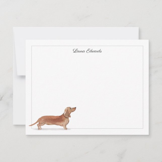 Tan Dachshund Grey Border Personalized Stationery Card (Front)