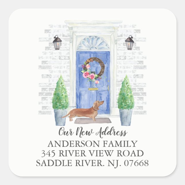 Tan Dachshund Porte Bleue Nouveau Étiquette d'adre (Devant)