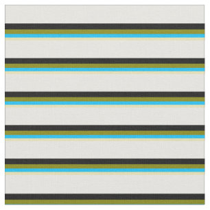 Tan, Deep Sky Blue, Green, Black, and White Lines Fabric