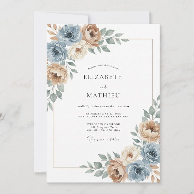 Tan Dusty Blue Bohemian Wedding Invitation (Front)