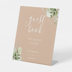 Tan Elegant Floral Greenery Guest Book Pedestal Sign