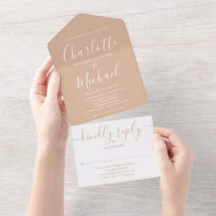 Tan Elegant Modern Script Minimalist Wedding All In One Invitation