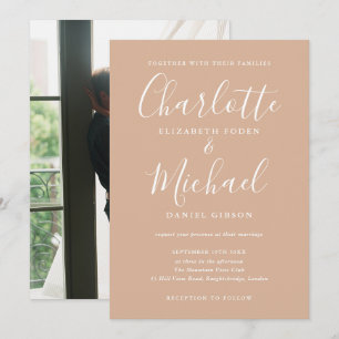 Tan Elegant Signature Script Photo Wedding Invitation