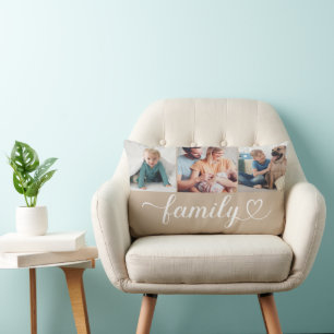 Tan Family Heart Script 3 Photo Collage Lumbar Pillow
