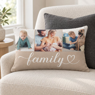 Tan Family Heart Script 3 Photo Collage Lumbar Pillow